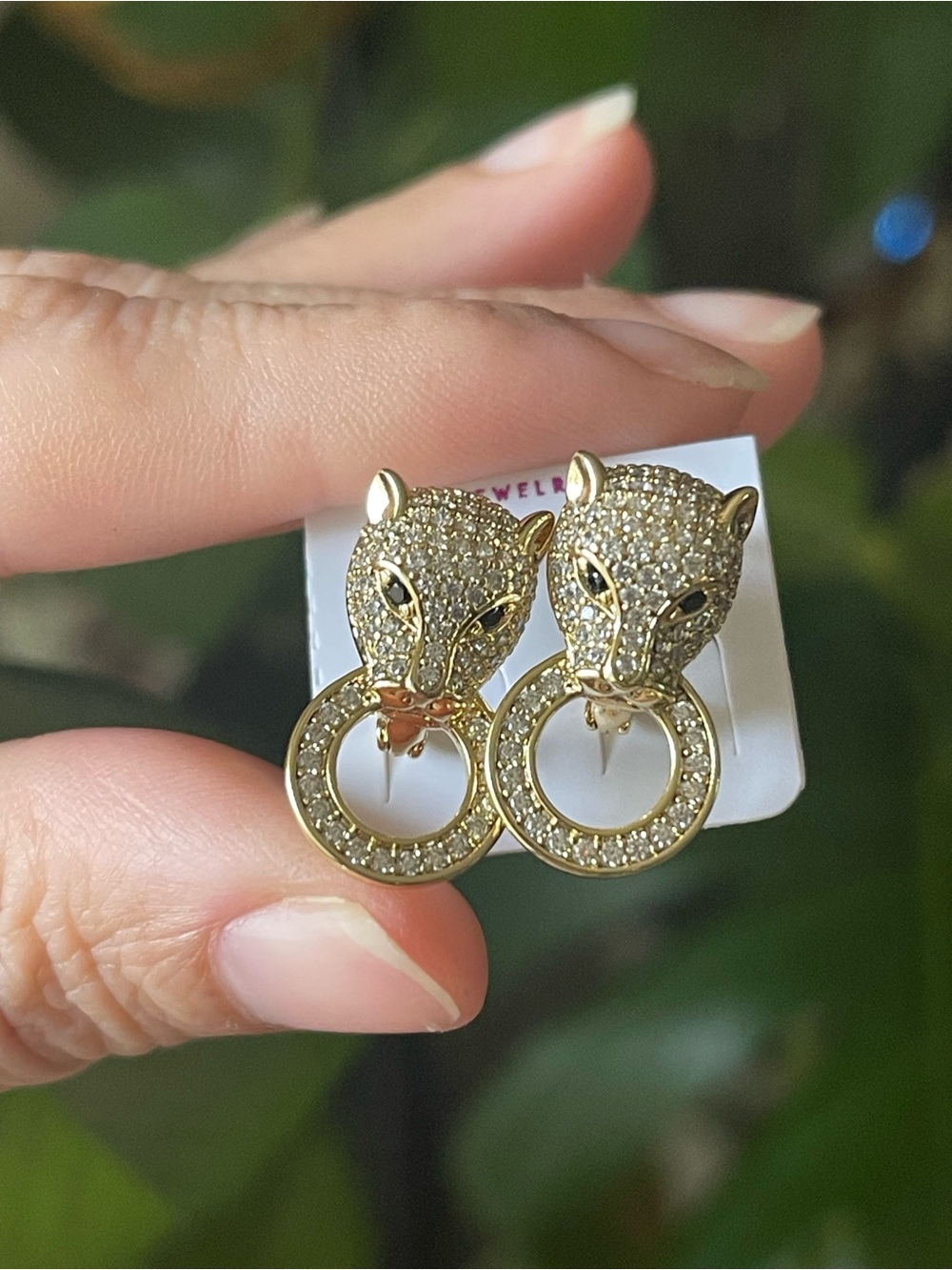 Gold Tone Crystal Panther Hoop Earrings